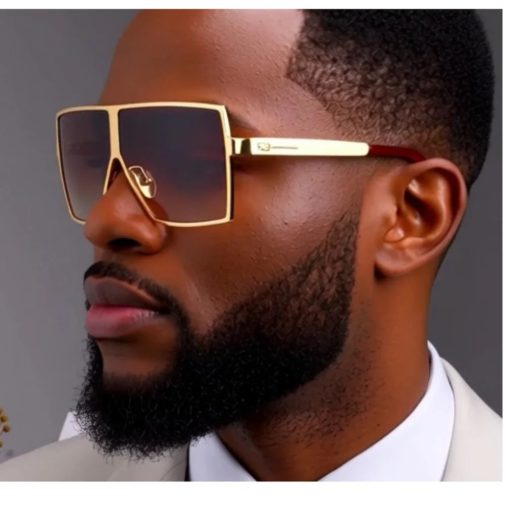 Gold Metal Square Men Sunglasses Brown Lens UV400 Protection Retro Outdoor Shade